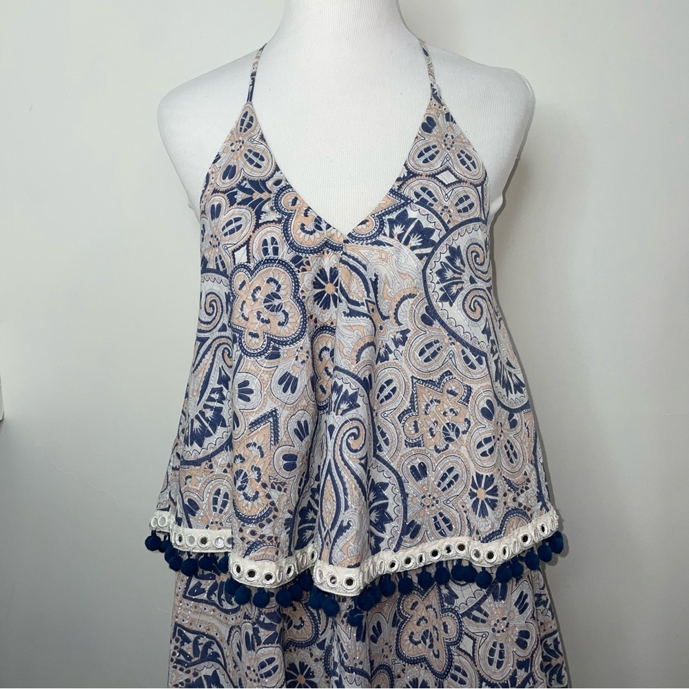 Tularosa Evolette Blue & White Paisley Pom-Pom Metallic Thread Mini Dress Size M - Picture 4 of 16
